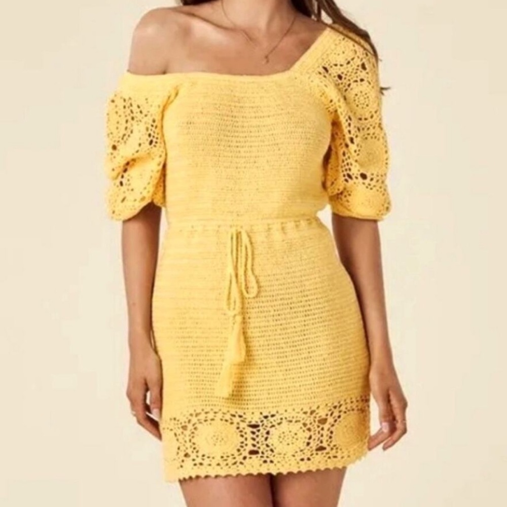 NWT Spell Let The Sunshine In yellow crochet mini dress Small Knit Summer